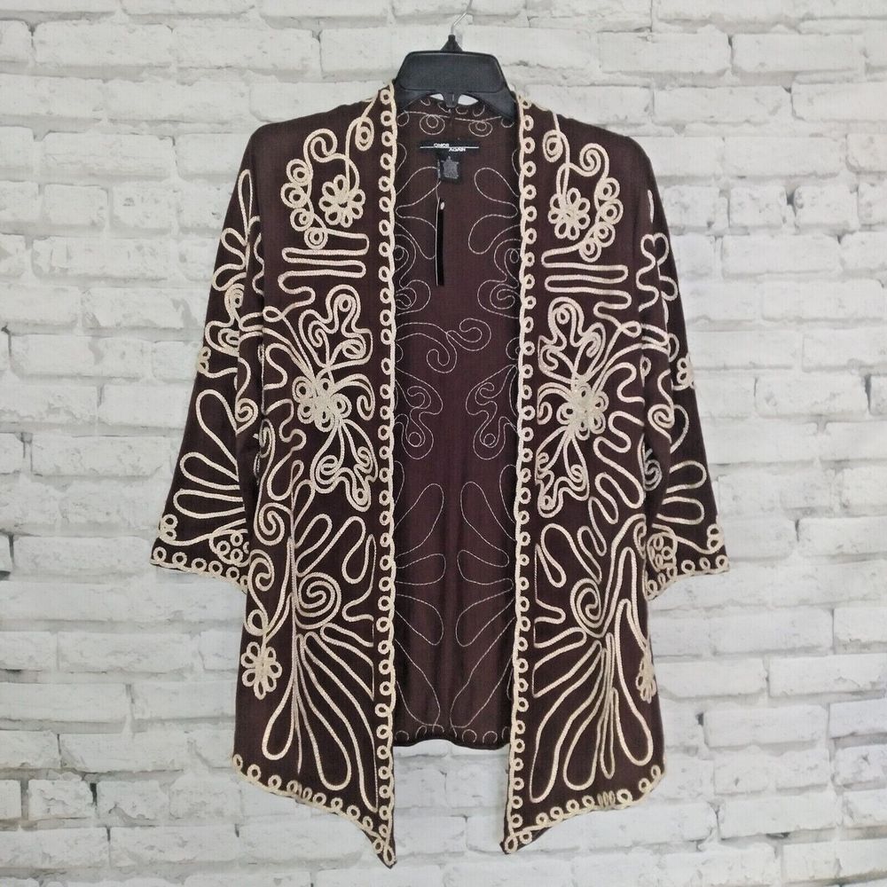 Once Again Open Front Cardigan Womens Small Brown Gold Ribbon Boho Elegant Artsy